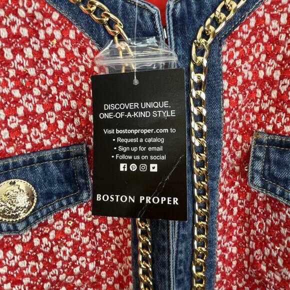 Boston Proper Jacket NWT Red Tweed Denim Trim Gold Chain Buttons Size 12 - Picture 4 of 15